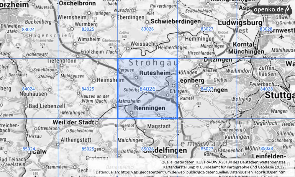 Übersichtskarte KOSTRA-DWD-2010R Rasterfeld Nr. 84026 mit angrenzenden Feldern