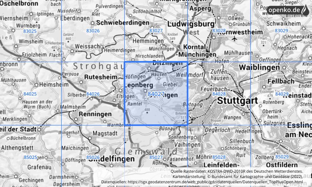 Übersichtskarte KOSTRA-DWD-2010R Rasterfeld Nr. 84027 mit angrenzenden Feldern