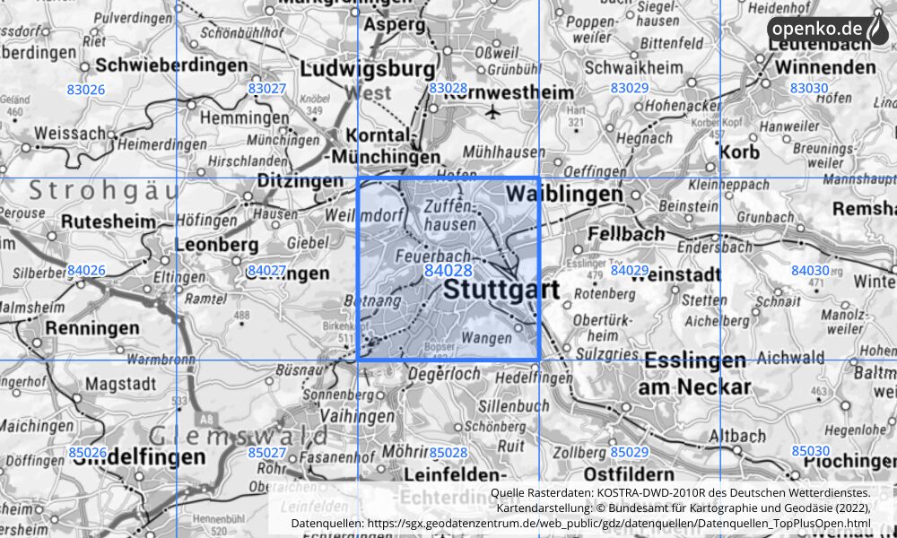 Übersichtskarte KOSTRA-DWD-2010R Rasterfeld Nr. 84028 mit angrenzenden Feldern