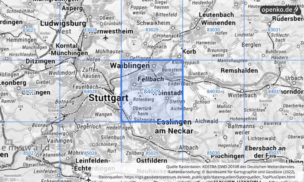 Übersichtskarte KOSTRA-DWD-2010R Rasterfeld Nr. 84029 mit angrenzenden Feldern