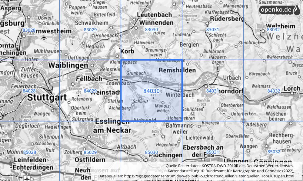 Übersichtskarte KOSTRA-DWD-2010R Rasterfeld Nr. 84030 mit angrenzenden Feldern