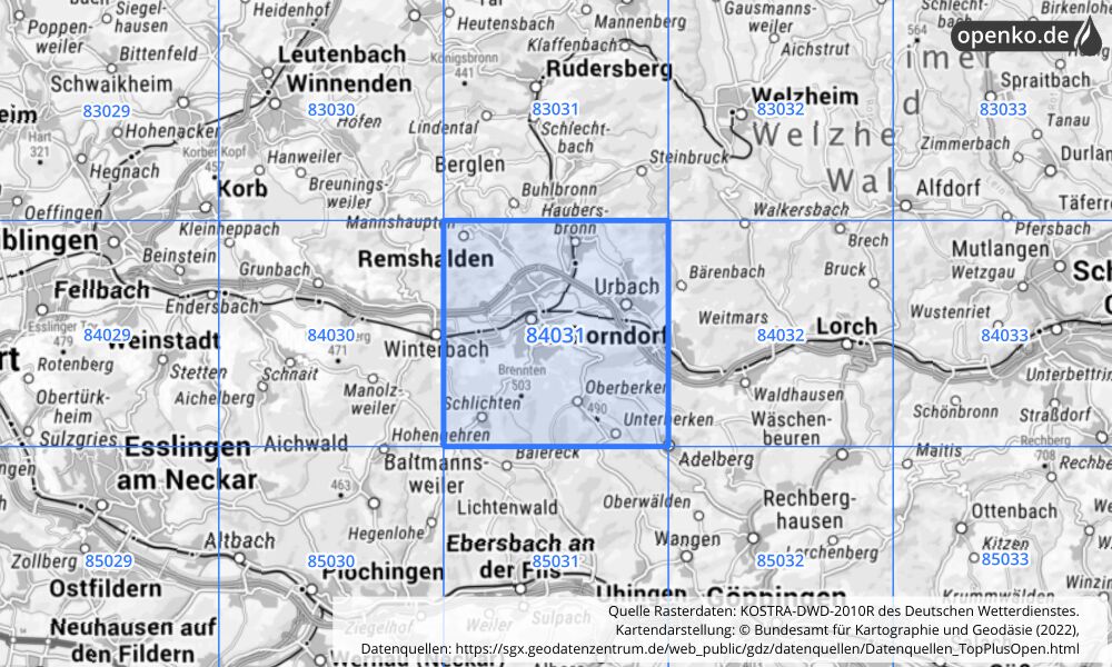 Übersichtskarte KOSTRA-DWD-2010R Rasterfeld Nr. 84031 mit angrenzenden Feldern