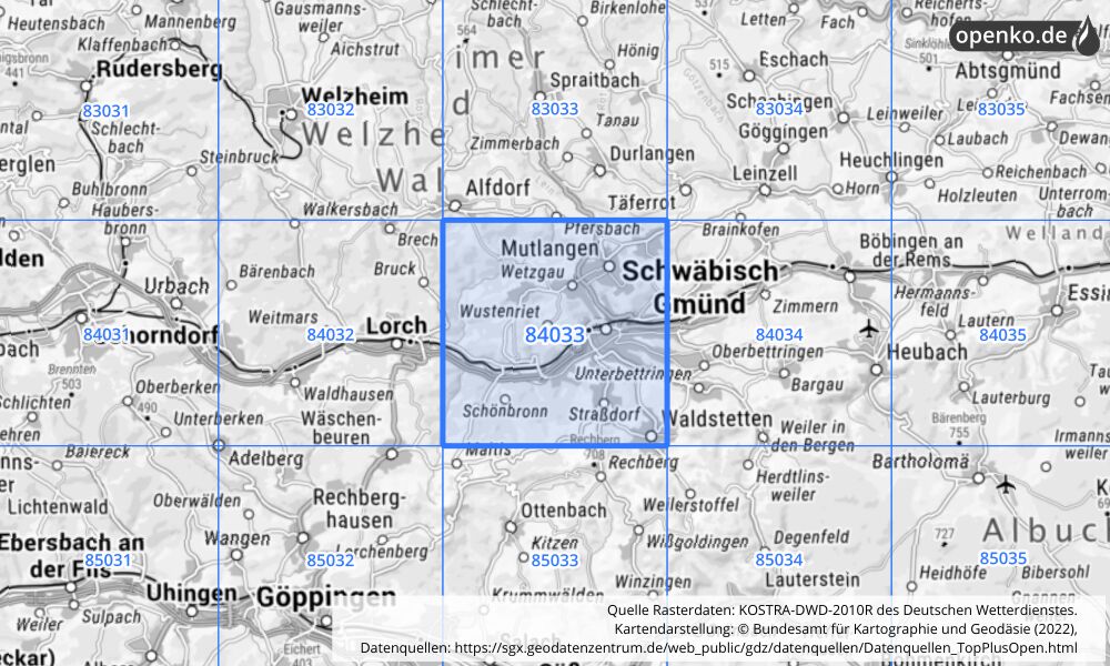 Übersichtskarte KOSTRA-DWD-2010R Rasterfeld Nr. 84033 mit angrenzenden Feldern