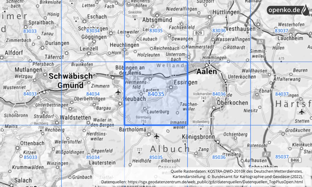 Übersichtskarte KOSTRA-DWD-2010R Rasterfeld Nr. 84035 mit angrenzenden Feldern