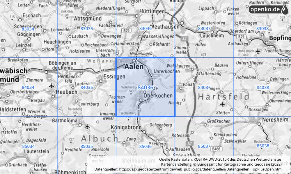Übersichtskarte KOSTRA-DWD-2010R Rasterfeld Nr. 84036 mit angrenzenden Feldern