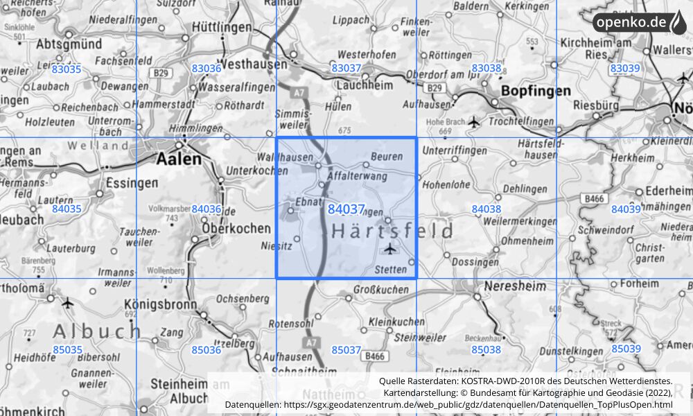 Übersichtskarte KOSTRA-DWD-2010R Rasterfeld Nr. 84037 mit angrenzenden Feldern