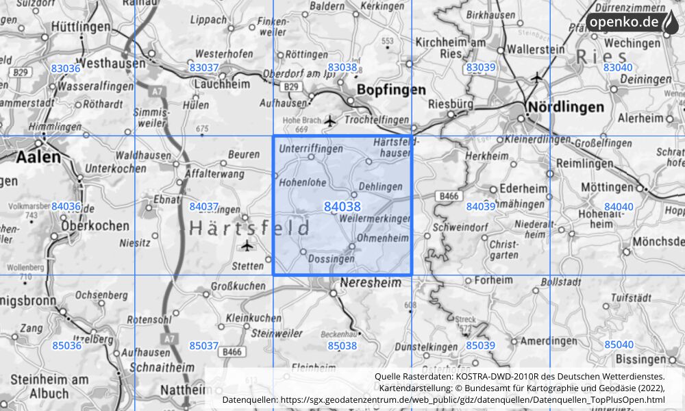 Übersichtskarte KOSTRA-DWD-2010R Rasterfeld Nr. 84038 mit angrenzenden Feldern