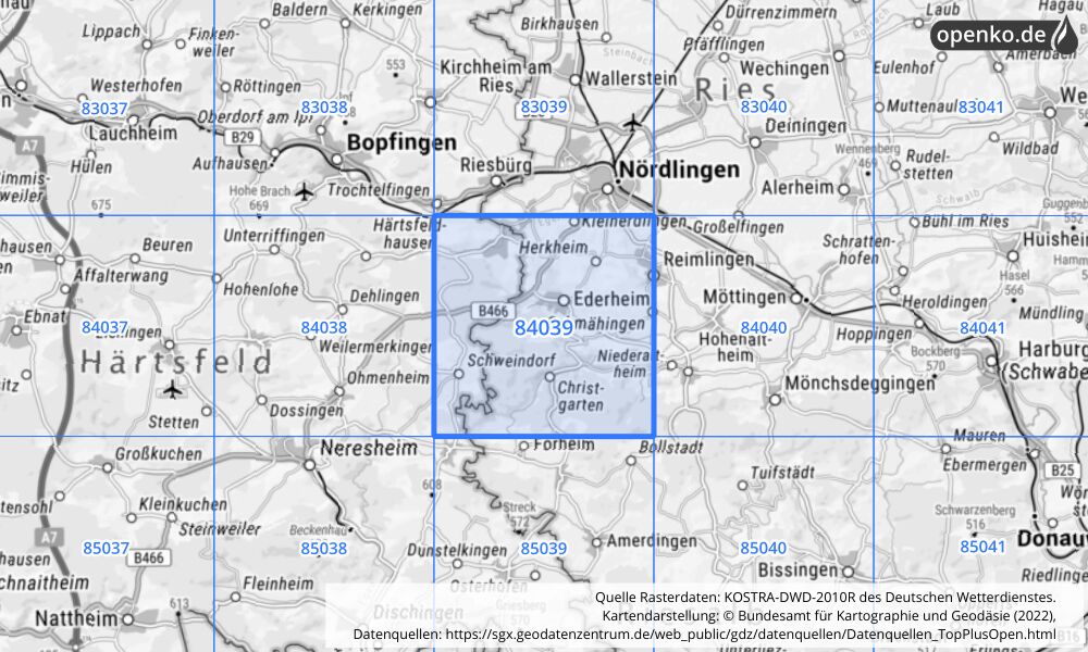 Übersichtskarte KOSTRA-DWD-2010R Rasterfeld Nr. 84039 mit angrenzenden Feldern