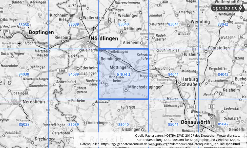 Übersichtskarte KOSTRA-DWD-2010R Rasterfeld Nr. 84040 mit angrenzenden Feldern