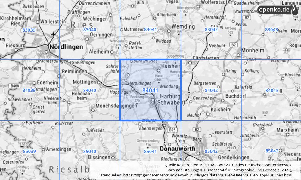 Übersichtskarte KOSTRA-DWD-2010R Rasterfeld Nr. 84041 mit angrenzenden Feldern