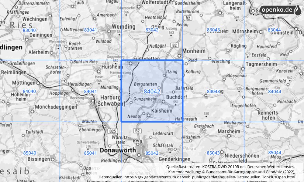 Übersichtskarte KOSTRA-DWD-2010R Rasterfeld Nr. 84042 mit angrenzenden Feldern