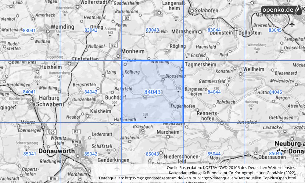 Übersichtskarte KOSTRA-DWD-2010R Rasterfeld Nr. 84043 mit angrenzenden Feldern