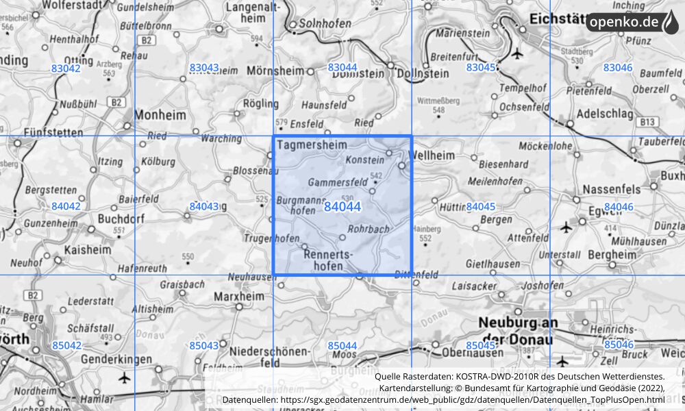Übersichtskarte KOSTRA-DWD-2010R Rasterfeld Nr. 84044 mit angrenzenden Feldern