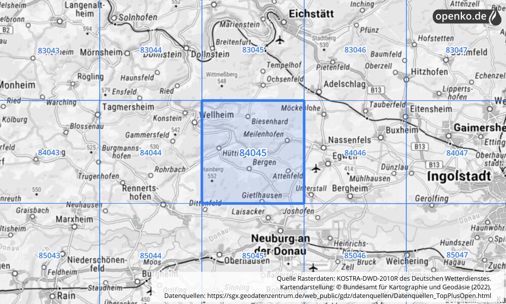 Übersichtskarte KOSTRA-DWD-2010R Rasterfeld Nr. 84045 mit angrenzenden Feldern