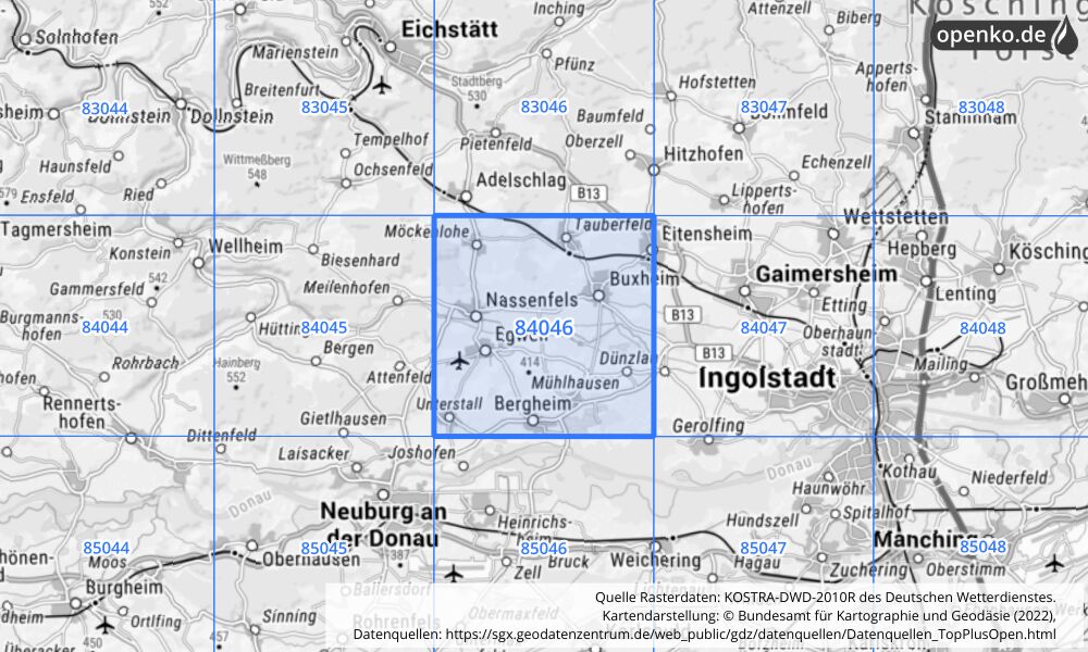 Übersichtskarte KOSTRA-DWD-2010R Rasterfeld Nr. 84046 mit angrenzenden Feldern