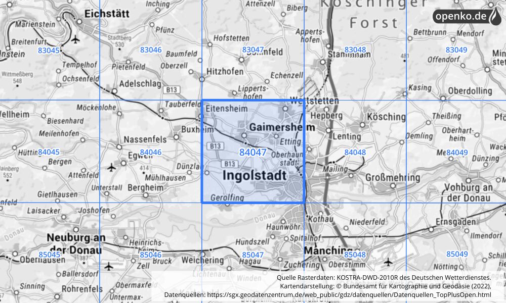 Übersichtskarte KOSTRA-DWD-2010R Rasterfeld Nr. 84047 mit angrenzenden Feldern