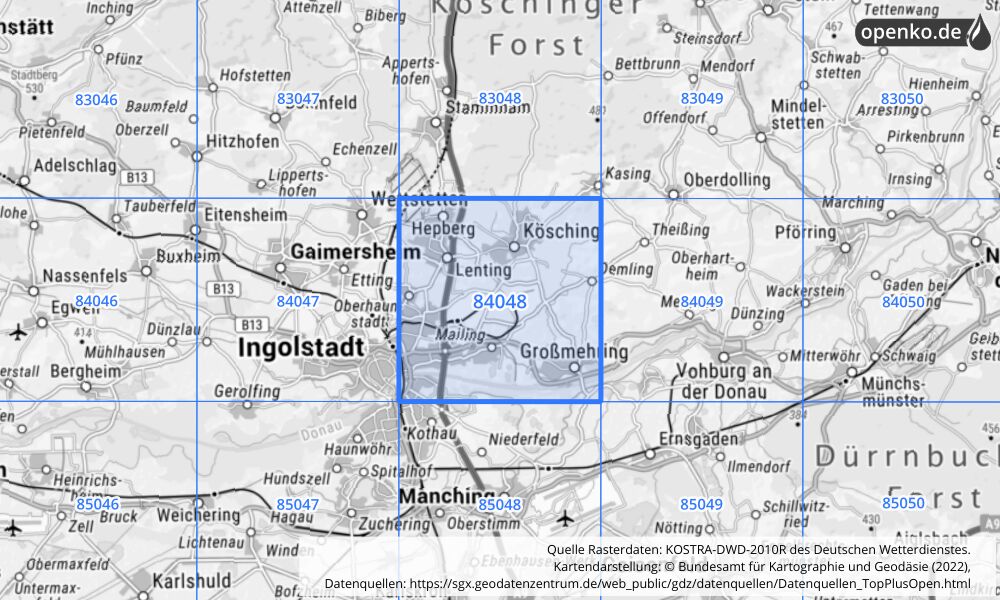 Übersichtskarte KOSTRA-DWD-2010R Rasterfeld Nr. 84048 mit angrenzenden Feldern