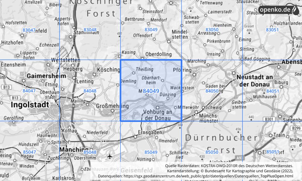 Übersichtskarte KOSTRA-DWD-2010R Rasterfeld Nr. 84049 mit angrenzenden Feldern