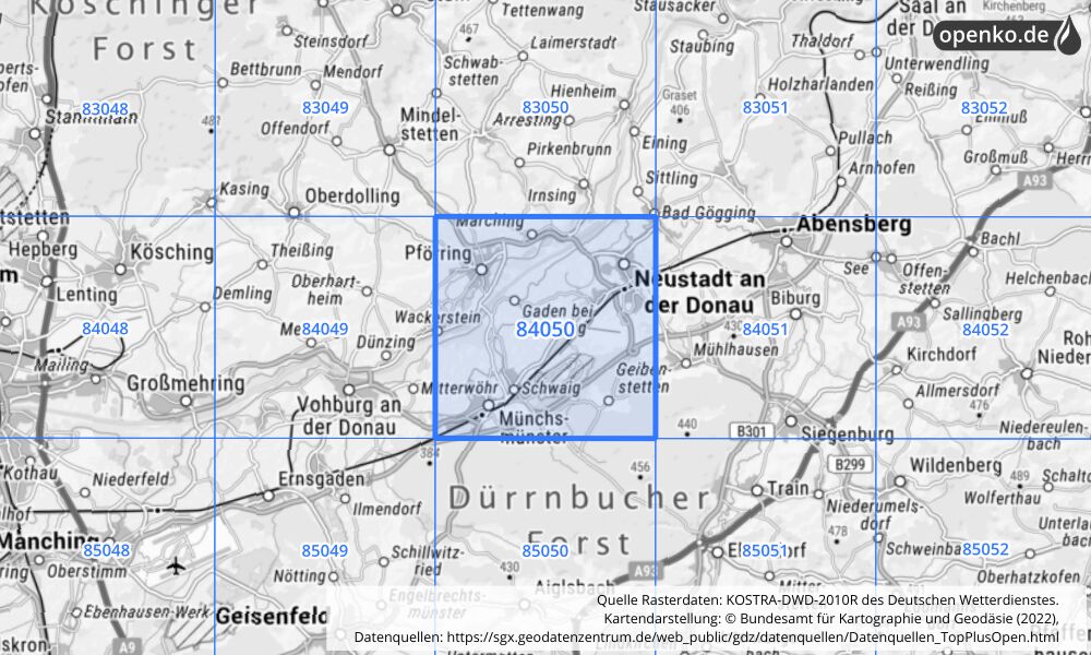 Übersichtskarte KOSTRA-DWD-2010R Rasterfeld Nr. 84050 mit angrenzenden Feldern