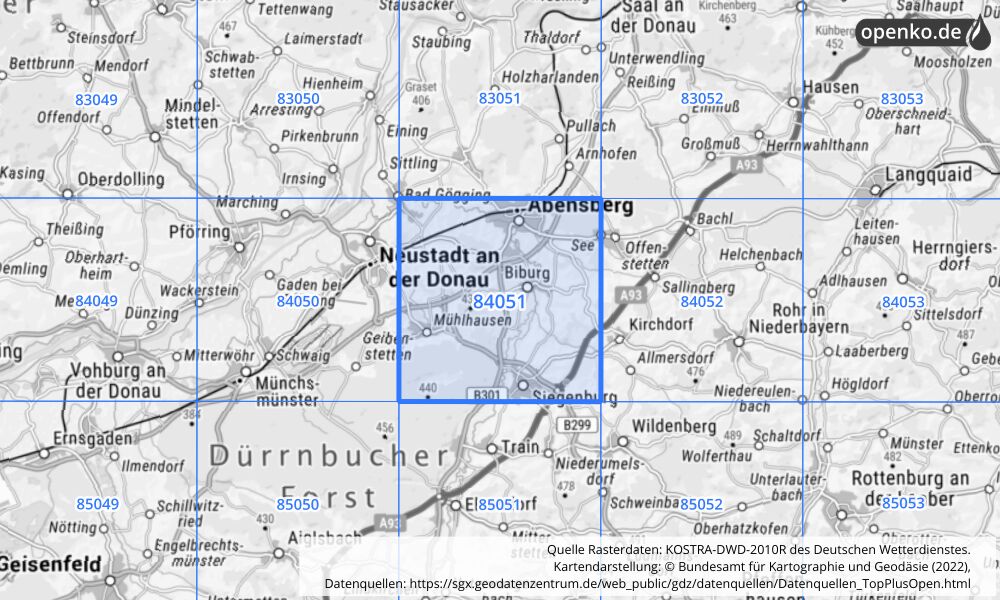 Übersichtskarte KOSTRA-DWD-2010R Rasterfeld Nr. 84051 mit angrenzenden Feldern