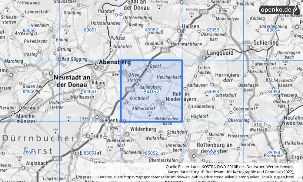 Übersichtskarte KOSTRA-DWD-2010R Rasterfeld Nr. 84052 mit angrenzenden Feldern