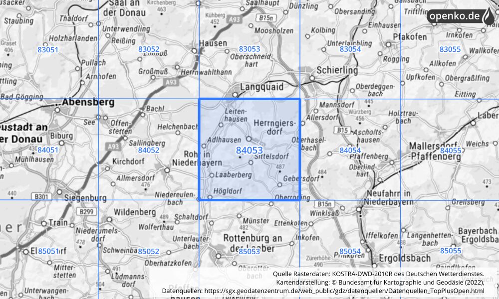 Übersichtskarte KOSTRA-DWD-2010R Rasterfeld Nr. 84053 mit angrenzenden Feldern
