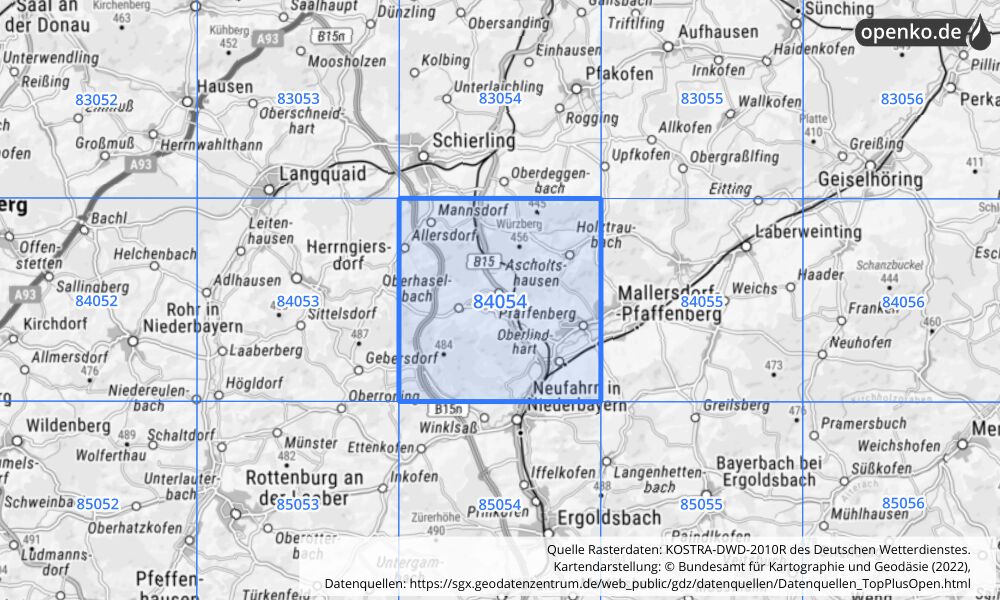 Übersichtskarte KOSTRA-DWD-2010R Rasterfeld Nr. 84054 mit angrenzenden Feldern