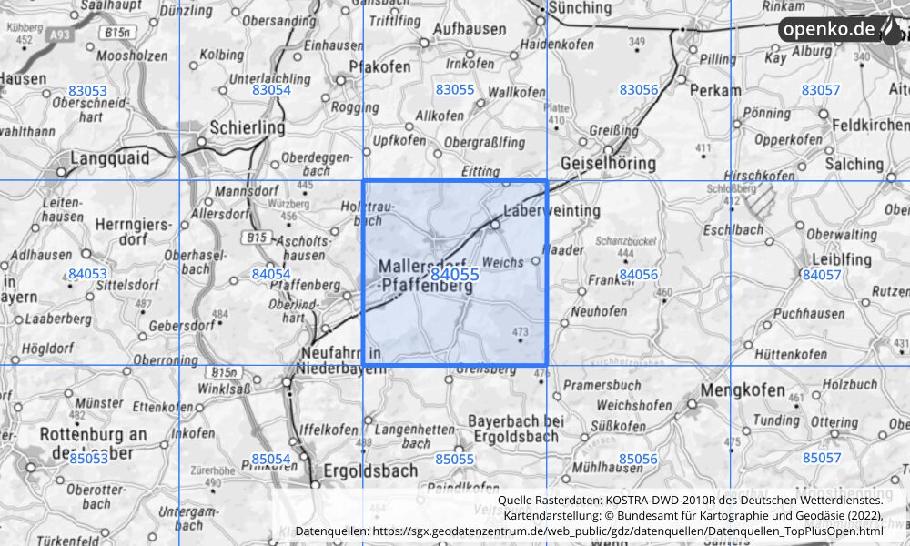 Übersichtskarte KOSTRA-DWD-2010R Rasterfeld Nr. 84055 mit angrenzenden Feldern