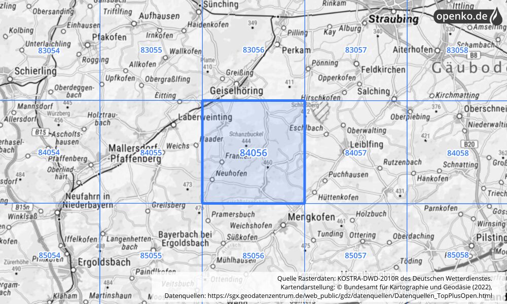 Übersichtskarte KOSTRA-DWD-2010R Rasterfeld Nr. 84056 mit angrenzenden Feldern