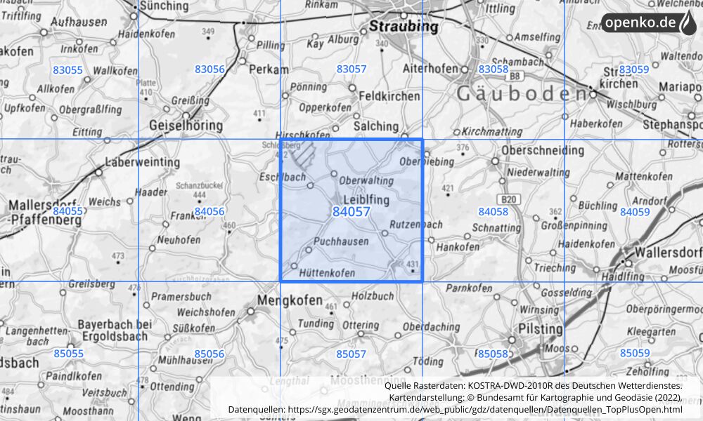 Übersichtskarte KOSTRA-DWD-2010R Rasterfeld Nr. 84057 mit angrenzenden Feldern