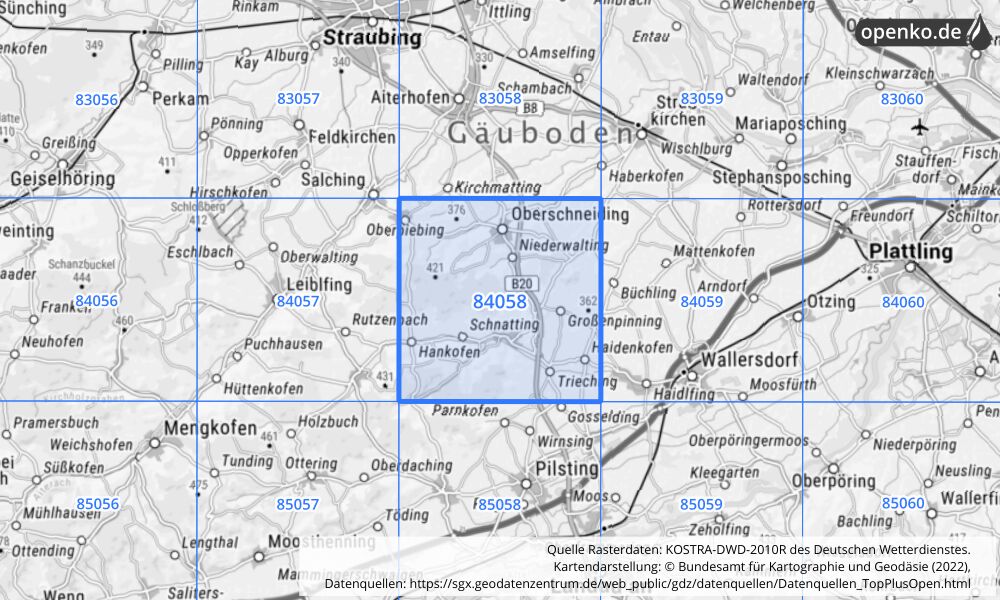 Übersichtskarte KOSTRA-DWD-2010R Rasterfeld Nr. 84058 mit angrenzenden Feldern