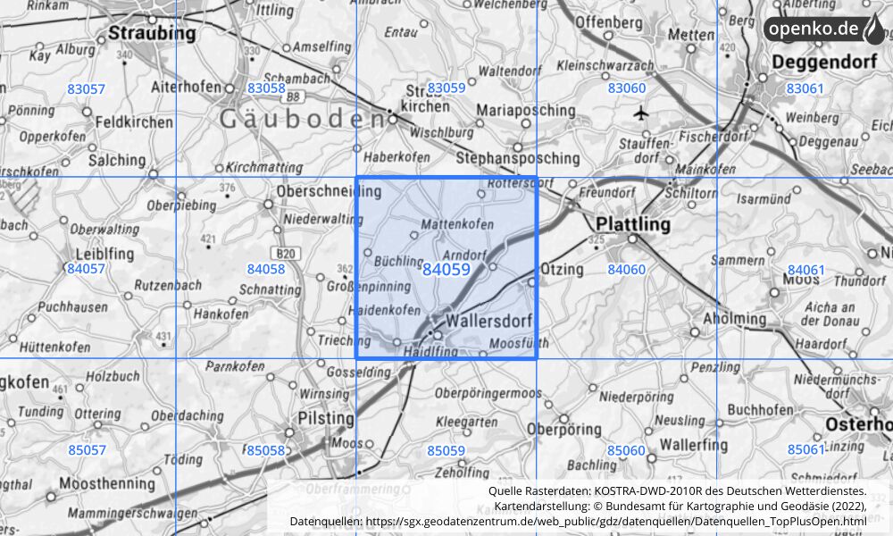 Übersichtskarte KOSTRA-DWD-2010R Rasterfeld Nr. 84059 mit angrenzenden Feldern