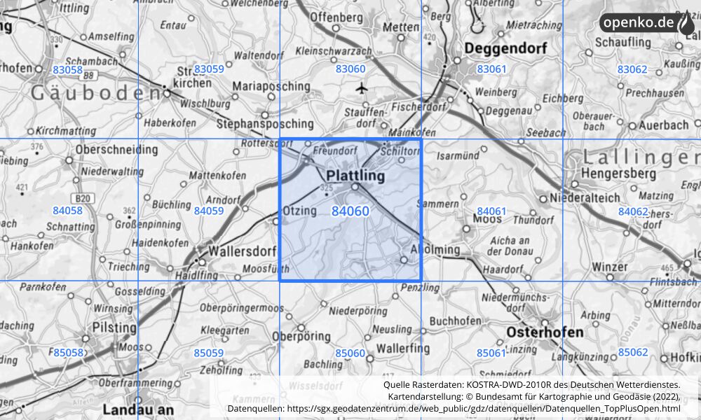 Übersichtskarte KOSTRA-DWD-2010R Rasterfeld Nr. 84060 mit angrenzenden Feldern