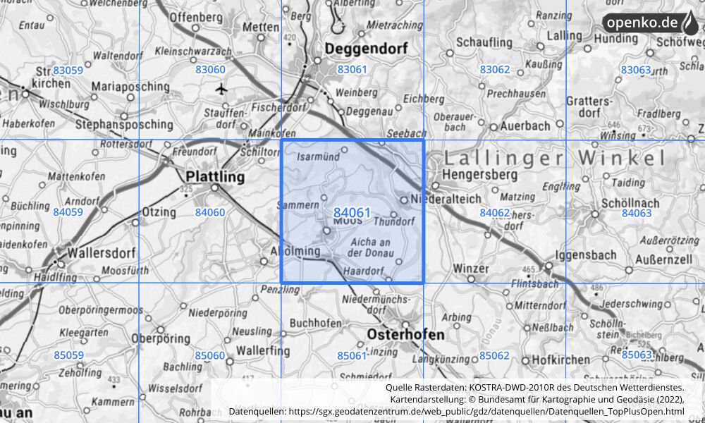 Übersichtskarte KOSTRA-DWD-2010R Rasterfeld Nr. 84061 mit angrenzenden Feldern