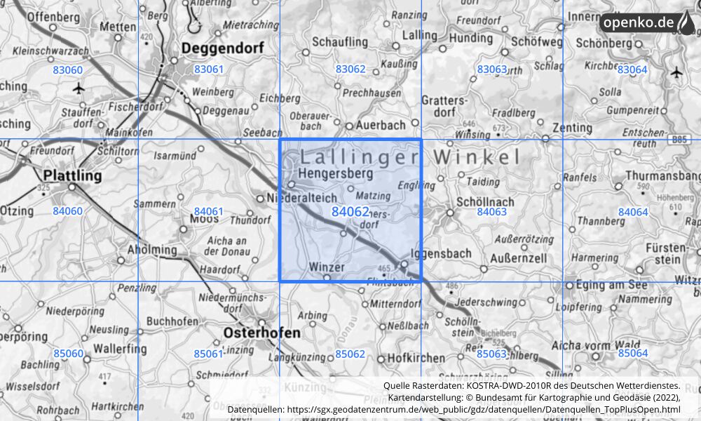 Übersichtskarte KOSTRA-DWD-2010R Rasterfeld Nr. 84062 mit angrenzenden Feldern