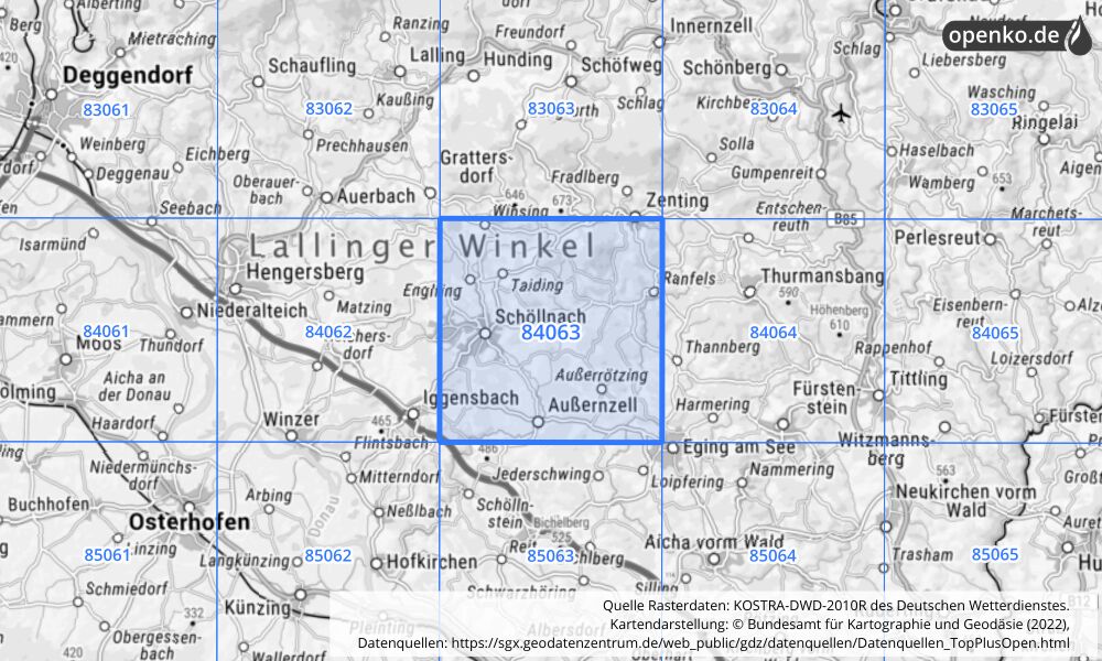 Übersichtskarte KOSTRA-DWD-2010R Rasterfeld Nr. 84063 mit angrenzenden Feldern