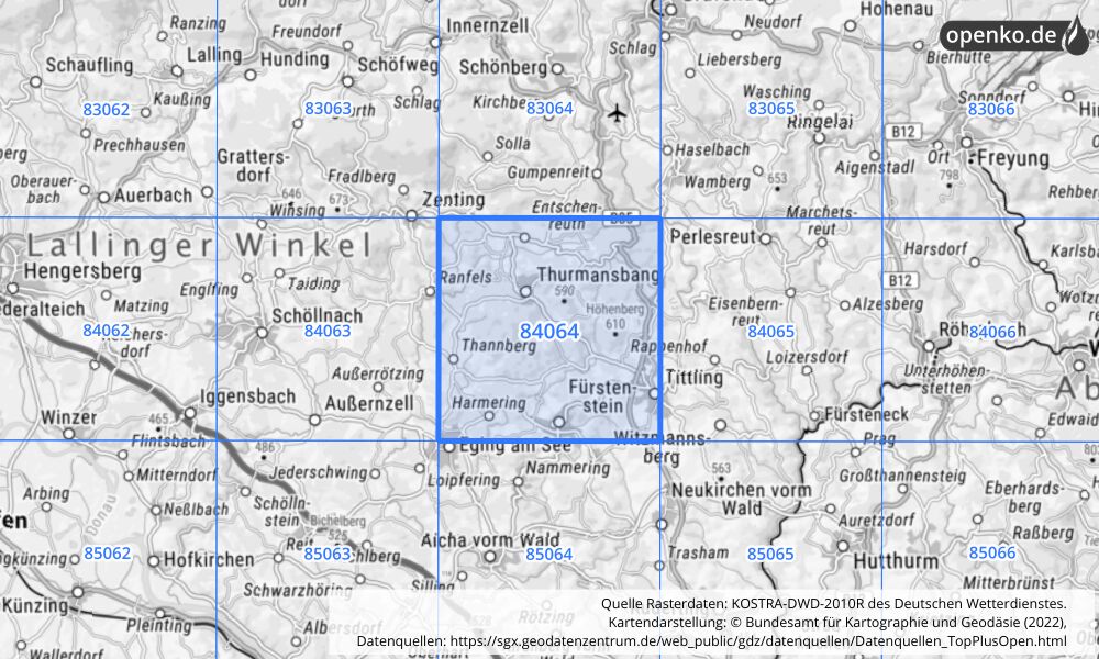 Übersichtskarte KOSTRA-DWD-2010R Rasterfeld Nr. 84064 mit angrenzenden Feldern