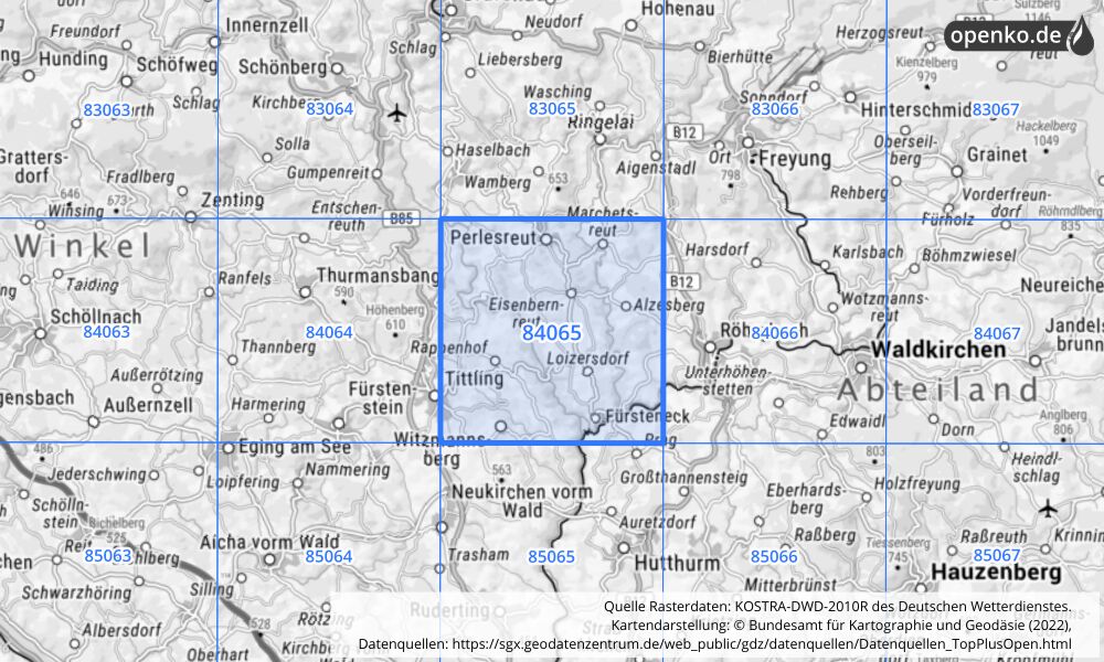 Übersichtskarte KOSTRA-DWD-2010R Rasterfeld Nr. 84065 mit angrenzenden Feldern