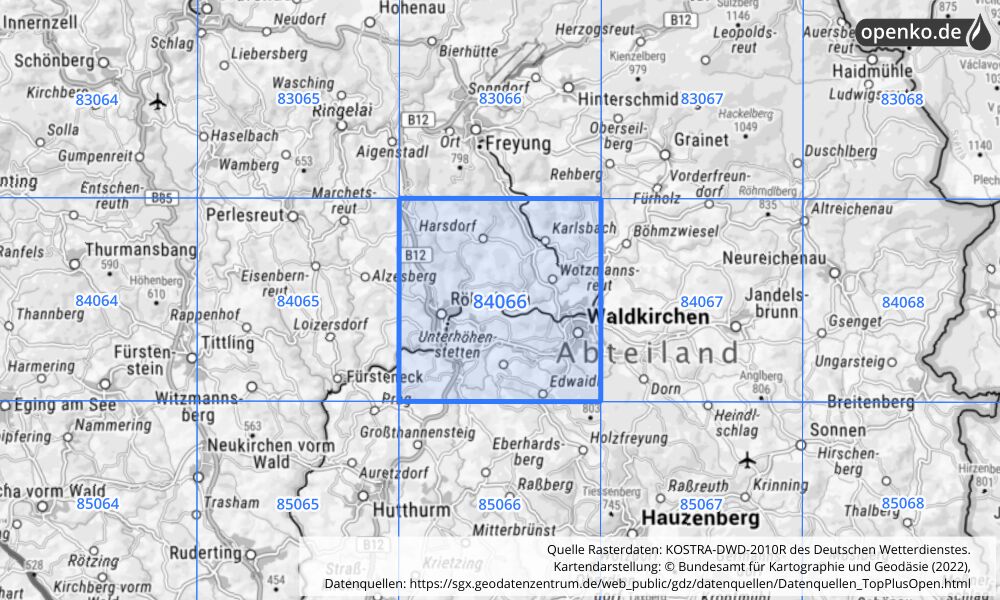 Übersichtskarte KOSTRA-DWD-2010R Rasterfeld Nr. 84066 mit angrenzenden Feldern