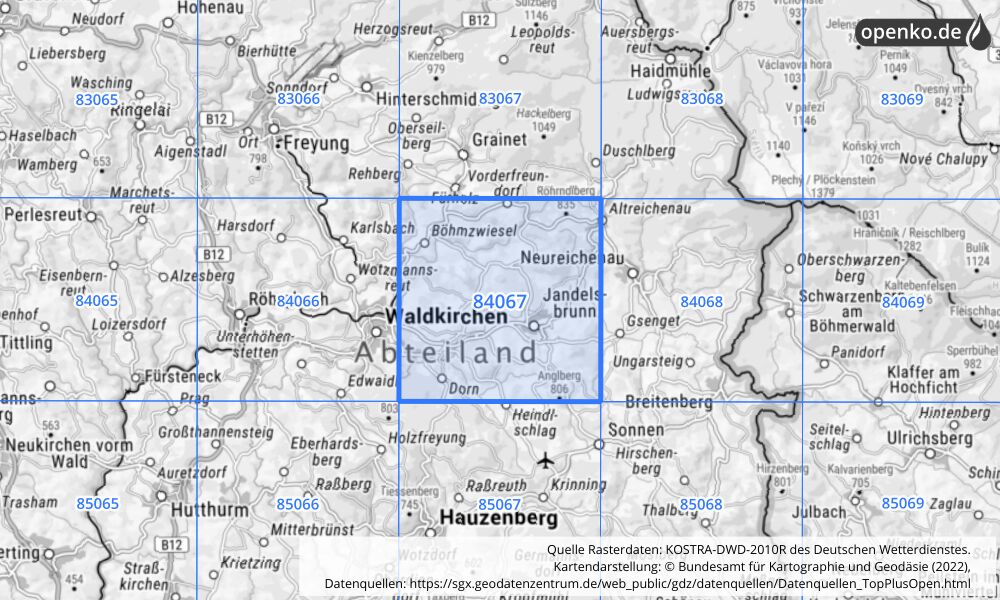 Übersichtskarte KOSTRA-DWD-2010R Rasterfeld Nr. 84067 mit angrenzenden Feldern