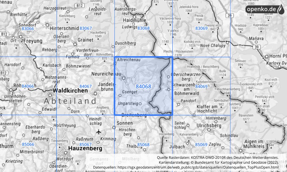 Übersichtskarte KOSTRA-DWD-2010R Rasterfeld Nr. 84068 mit angrenzenden Feldern