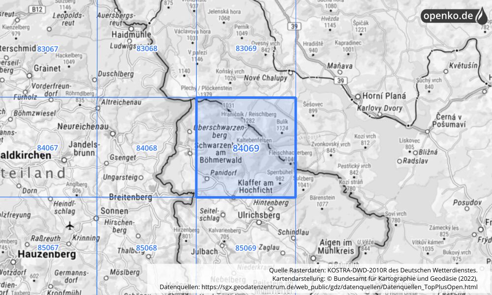 Übersichtskarte KOSTRA-DWD-2010R Rasterfeld Nr. 84069 mit angrenzenden Feldern
