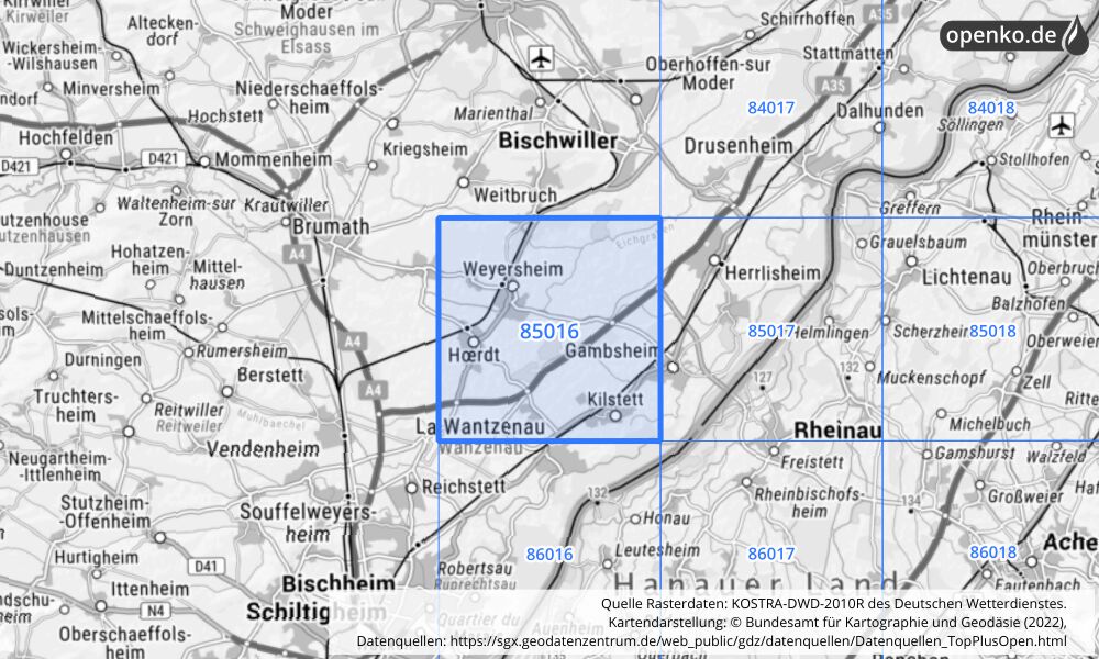 Übersichtskarte KOSTRA-DWD-2010R Rasterfeld Nr. 85016 mit angrenzenden Feldern