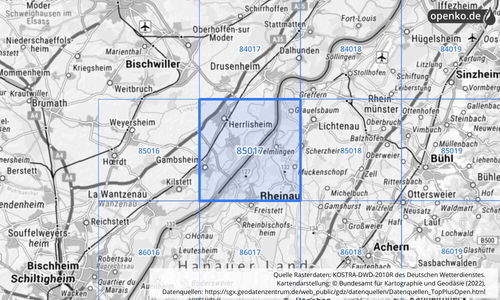 Übersichtskarte KOSTRA-DWD-2010R Rasterfeld Nr. 85017 mit angrenzenden Feldern