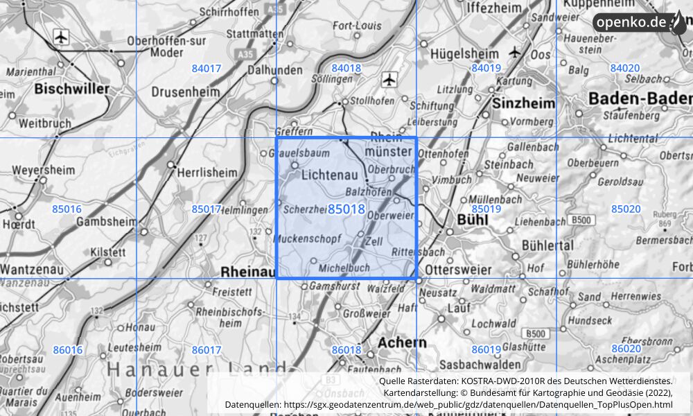 Übersichtskarte KOSTRA-DWD-2010R Rasterfeld Nr. 85018 mit angrenzenden Feldern