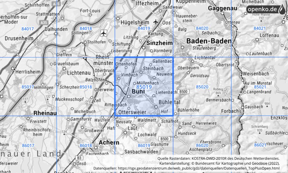 Übersichtskarte KOSTRA-DWD-2010R Rasterfeld Nr. 85019 mit angrenzenden Feldern