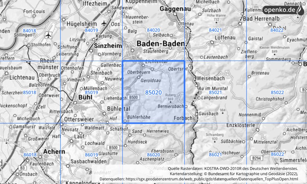 Übersichtskarte KOSTRA-DWD-2010R Rasterfeld Nr. 85020 mit angrenzenden Feldern