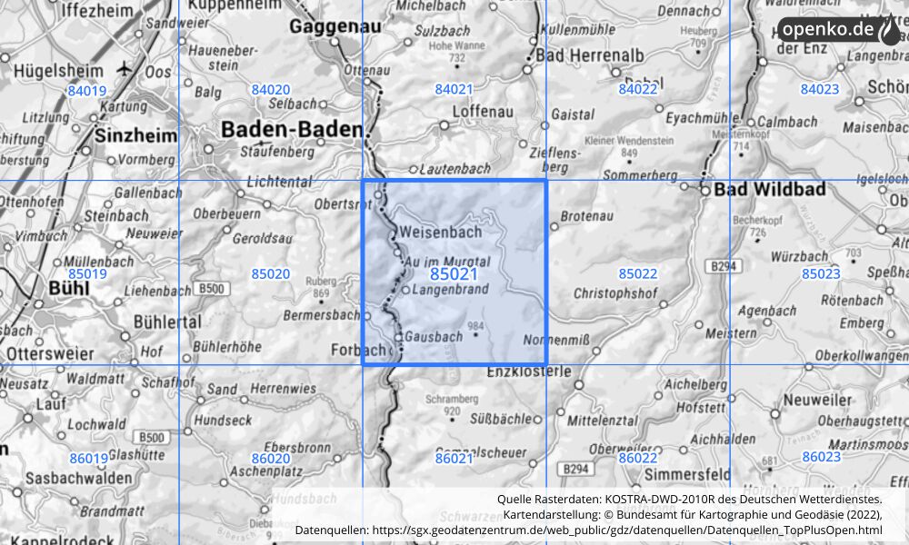 Übersichtskarte KOSTRA-DWD-2010R Rasterfeld Nr. 85021 mit angrenzenden Feldern