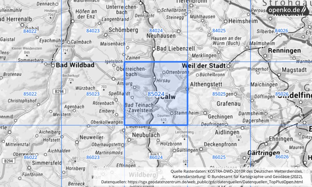 Übersichtskarte KOSTRA-DWD-2010R Rasterfeld Nr. 85024 mit angrenzenden Feldern