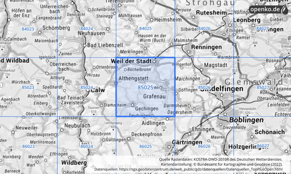 Übersichtskarte KOSTRA-DWD-2010R Rasterfeld Nr. 85025 mit angrenzenden Feldern